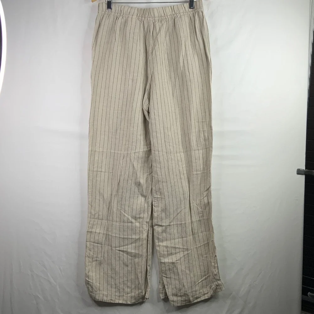 HM Linen Blend Pinstripe Wide Leg Drawstring Pants Beige Black Womens Medium